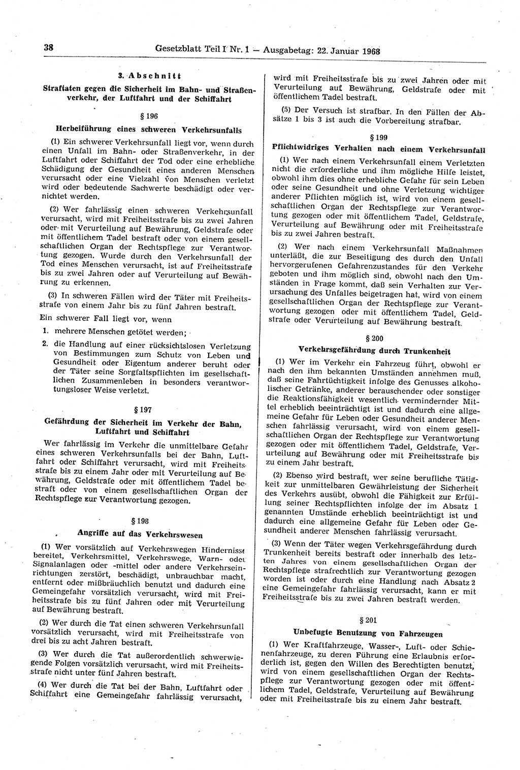 Gesetzblatt (GBl.) der Deutschen Demokratischen Republik (DDR) Teil Ⅰ 1968, Seite 38 (GBl. DDR Ⅰ 1968, S. 38)