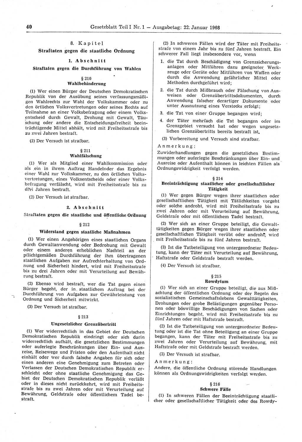 Gesetzblatt (GBl.) der Deutschen Demokratischen Republik (DDR) Teil Ⅰ 1968, Seite 40 (GBl. DDR Ⅰ 1968, S. 40)