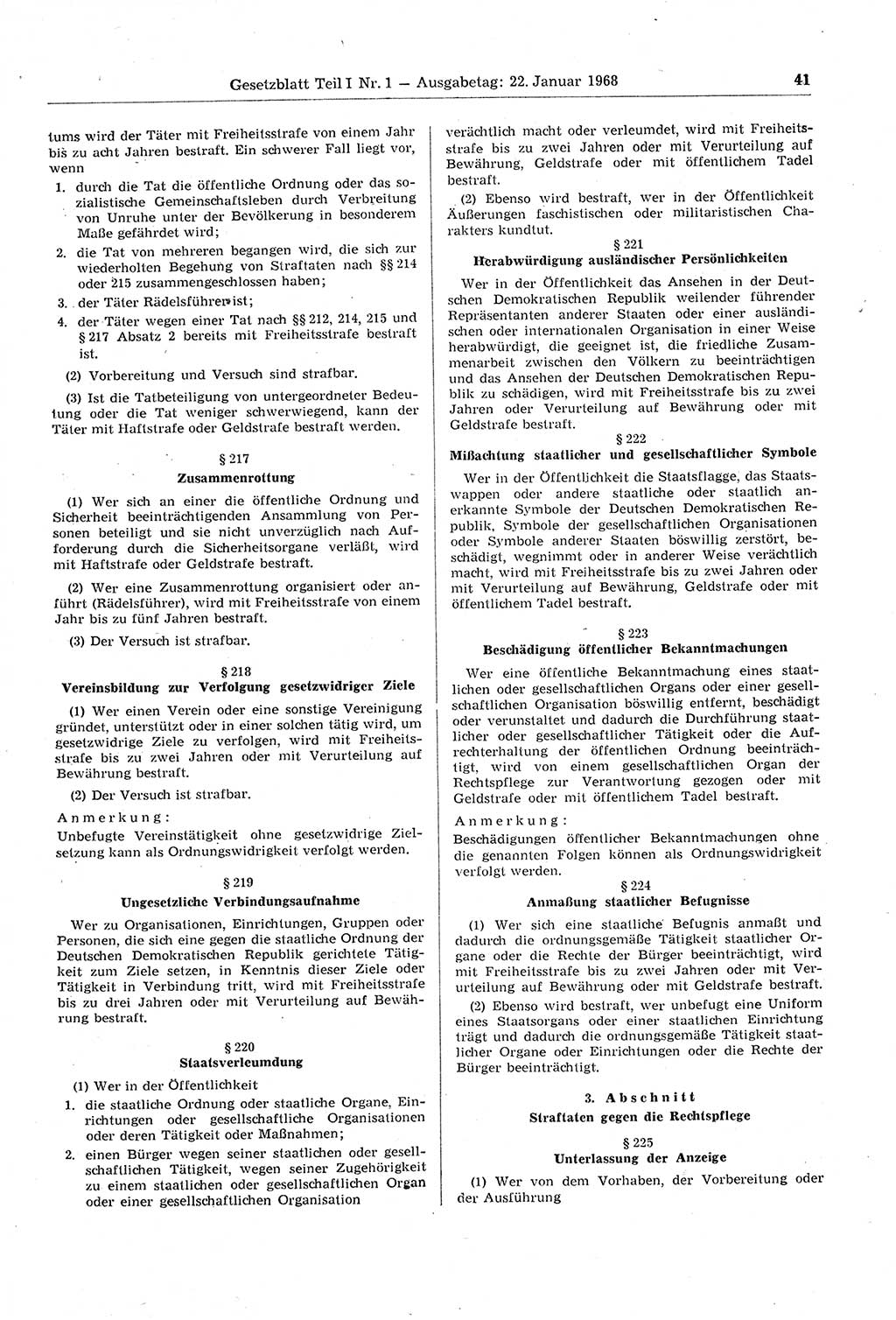 Gesetzblatt (GBl.) der Deutschen Demokratischen Republik (DDR) Teil Ⅰ 1968, Seite 41 (GBl. DDR Ⅰ 1968, S. 41)
