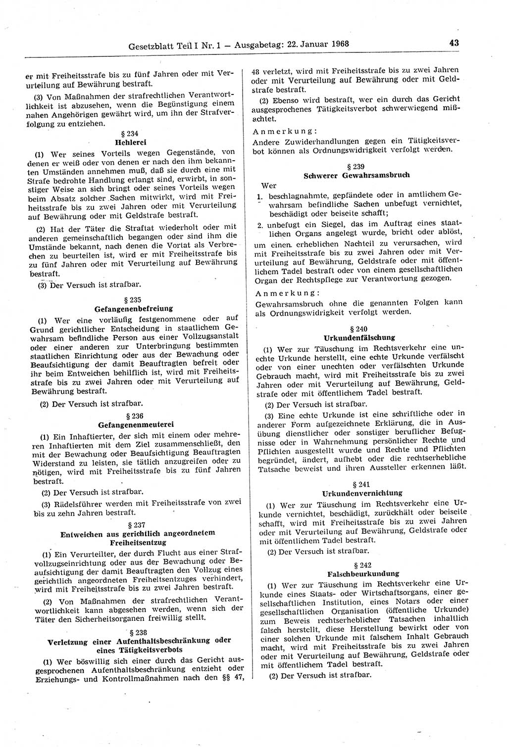 Gesetzblatt (GBl.) der Deutschen Demokratischen Republik (DDR) Teil Ⅰ 1968, Seite 43 (GBl. DDR Ⅰ 1968, S. 43)