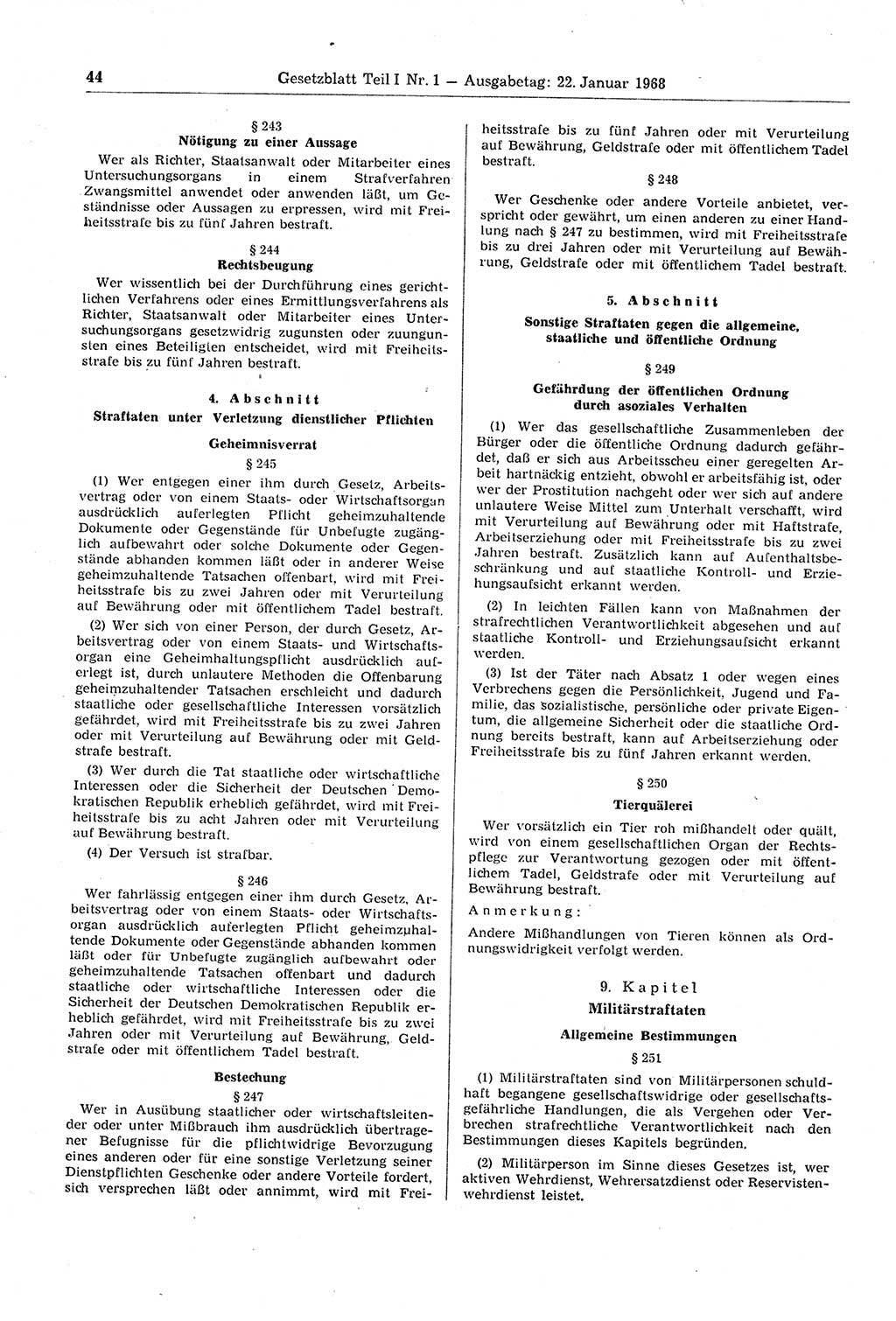 Gesetzblatt (GBl.) der Deutschen Demokratischen Republik (DDR) Teil Ⅰ 1968, Seite 44 (GBl. DDR Ⅰ 1968, S. 44)