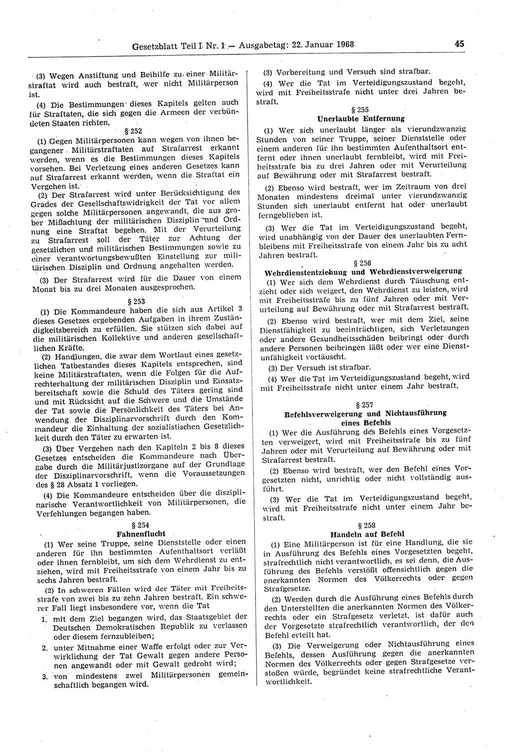 Gesetzblatt (GBl.) der Deutschen Demokratischen Republik (DDR) Teil Ⅰ 1968, Seite 45 (GBl. DDR Ⅰ 1968, S. 45)