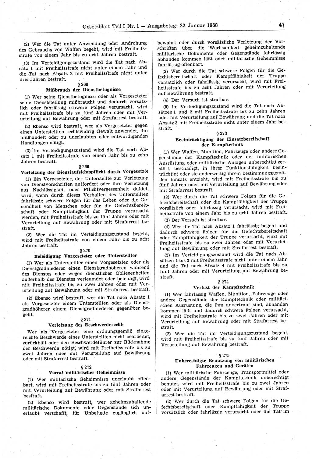 Gesetzblatt (GBl.) der Deutschen Demokratischen Republik (DDR) Teil Ⅰ 1968, Seite 47 (GBl. DDR Ⅰ 1968, S. 47)