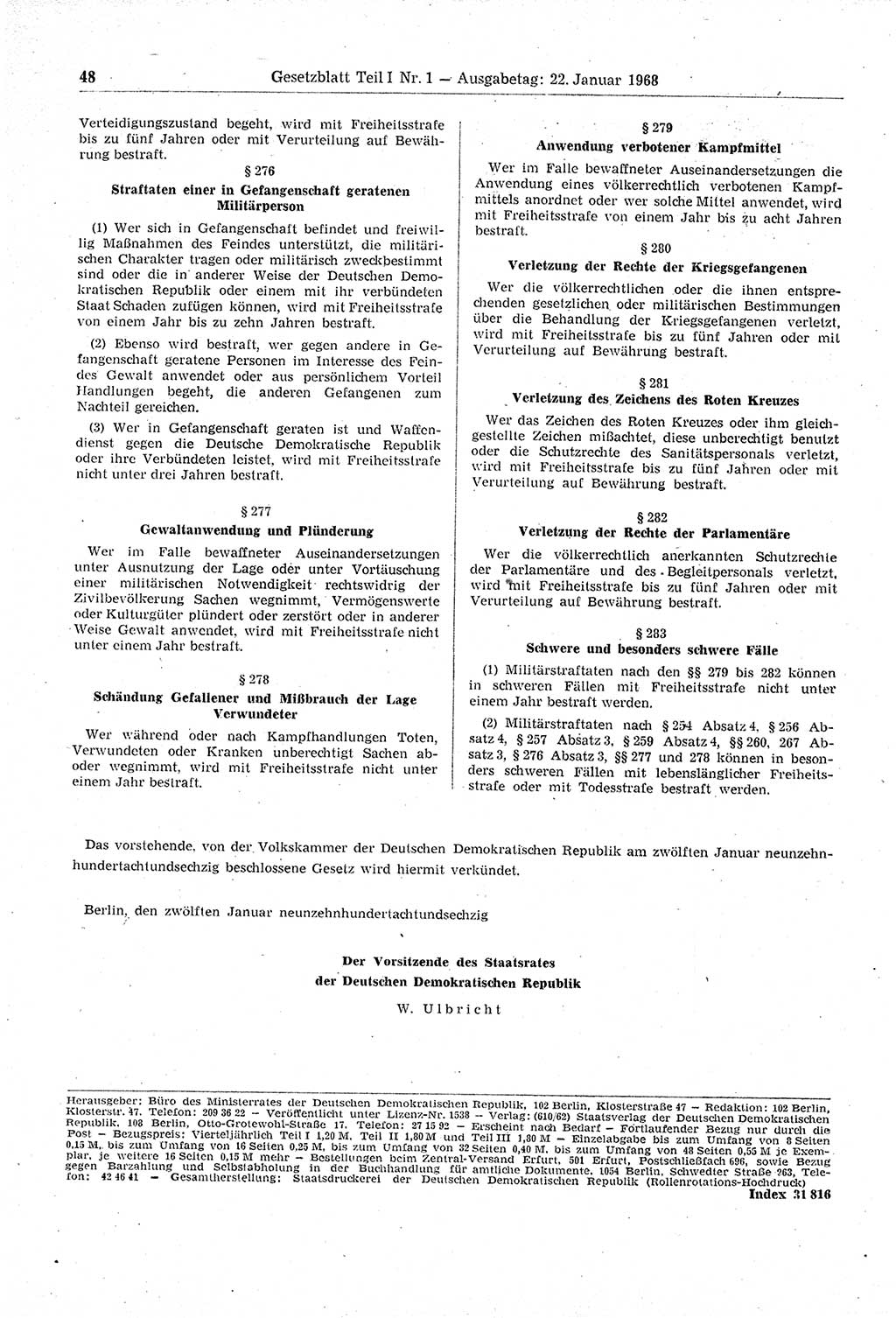 Gesetzblatt (GBl.) der Deutschen Demokratischen Republik (DDR) Teil Ⅰ 1968, Seite 48 (GBl. DDR Ⅰ 1968, S. 48)