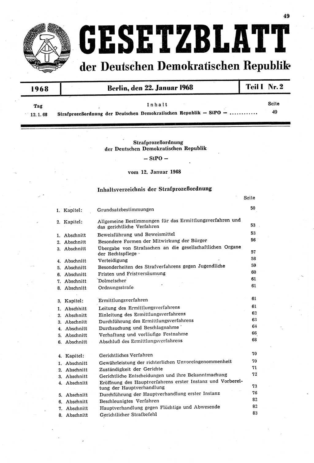 Gesetzblatt (GBl.) der Deutschen Demokratischen Republik (DDR) Teil Ⅰ 1968, Seite 49 (GBl. DDR Ⅰ 1968, S. 49)