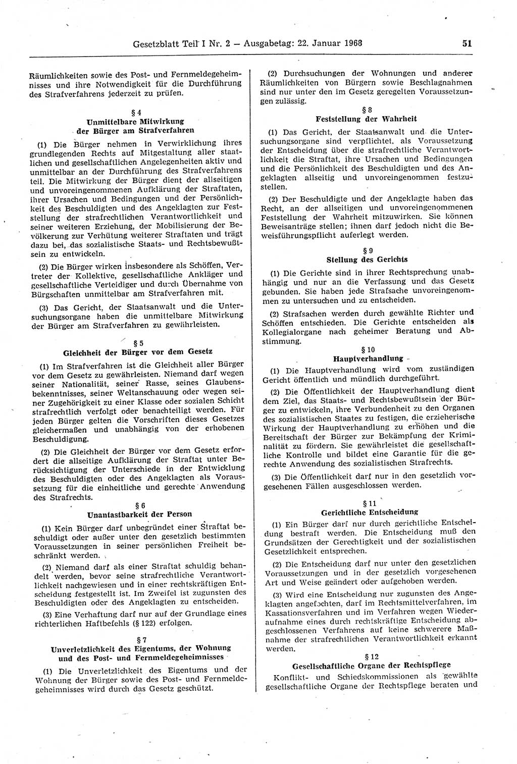 Gesetzblatt (GBl.) der Deutschen Demokratischen Republik (DDR) Teil Ⅰ 1968, Seite 51 (GBl. DDR Ⅰ 1968, S. 51)