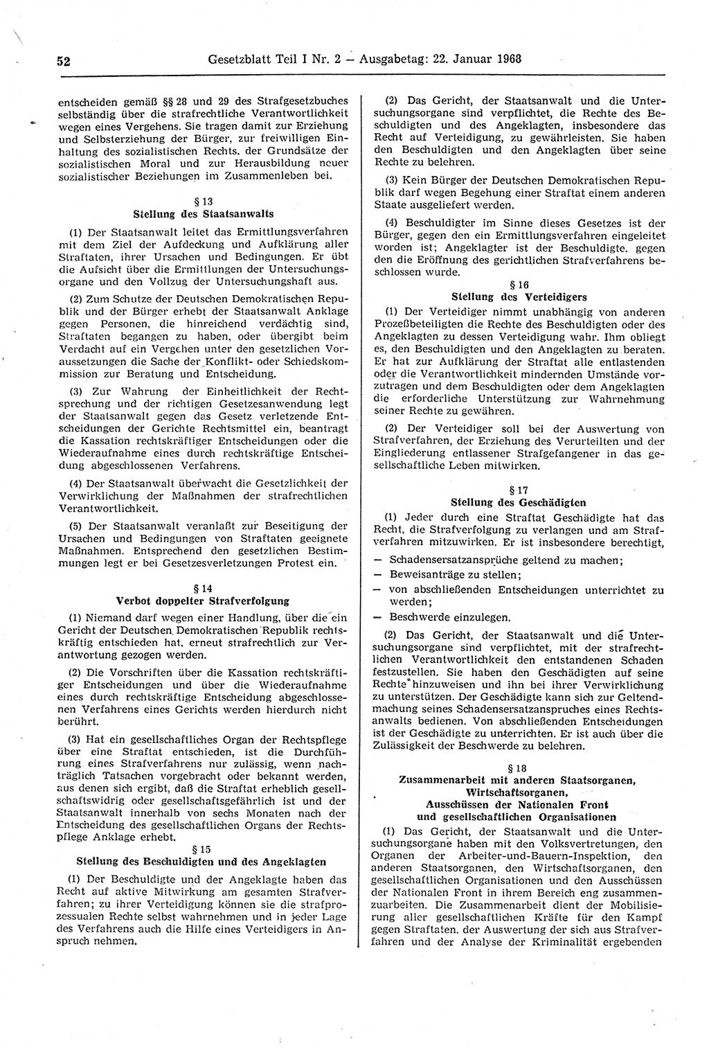 Gesetzblatt (GBl.) der Deutschen Demokratischen Republik (DDR) Teil Ⅰ 1968, Seite 52 (GBl. DDR Ⅰ 1968, S. 52)