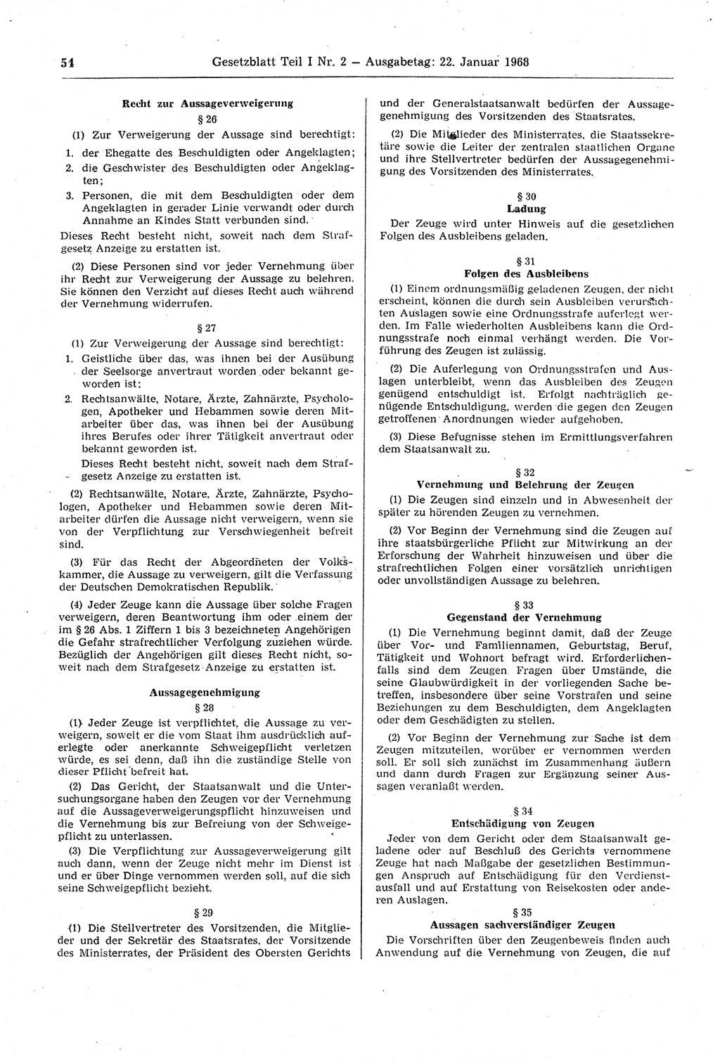 Gesetzblatt (GBl.) der Deutschen Demokratischen Republik (DDR) Teil Ⅰ 1968, Seite 54 (GBl. DDR Ⅰ 1968, S. 54)