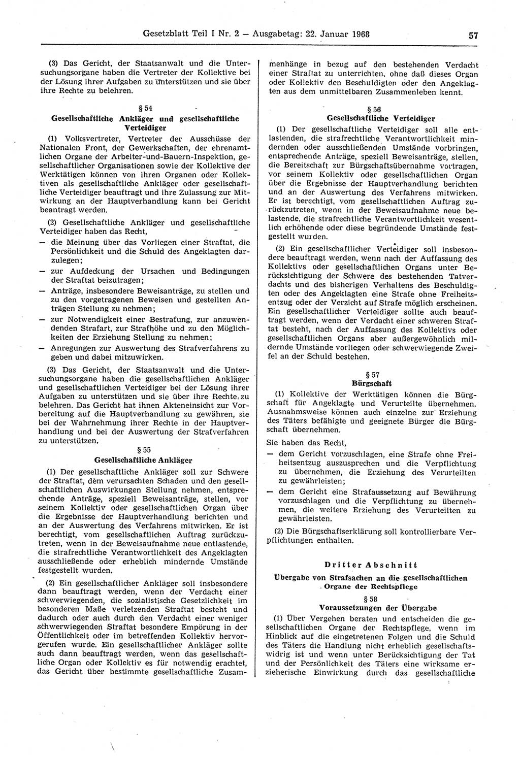 Gesetzblatt (GBl.) der Deutschen Demokratischen Republik (DDR) Teil Ⅰ 1968, Seite 57 (GBl. DDR Ⅰ 1968, S. 57)