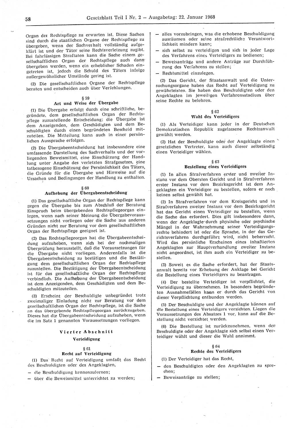 Gesetzblatt (GBl.) der Deutschen Demokratischen Republik (DDR) Teil Ⅰ 1968, Seite 58 (GBl. DDR Ⅰ 1968, S. 58)
