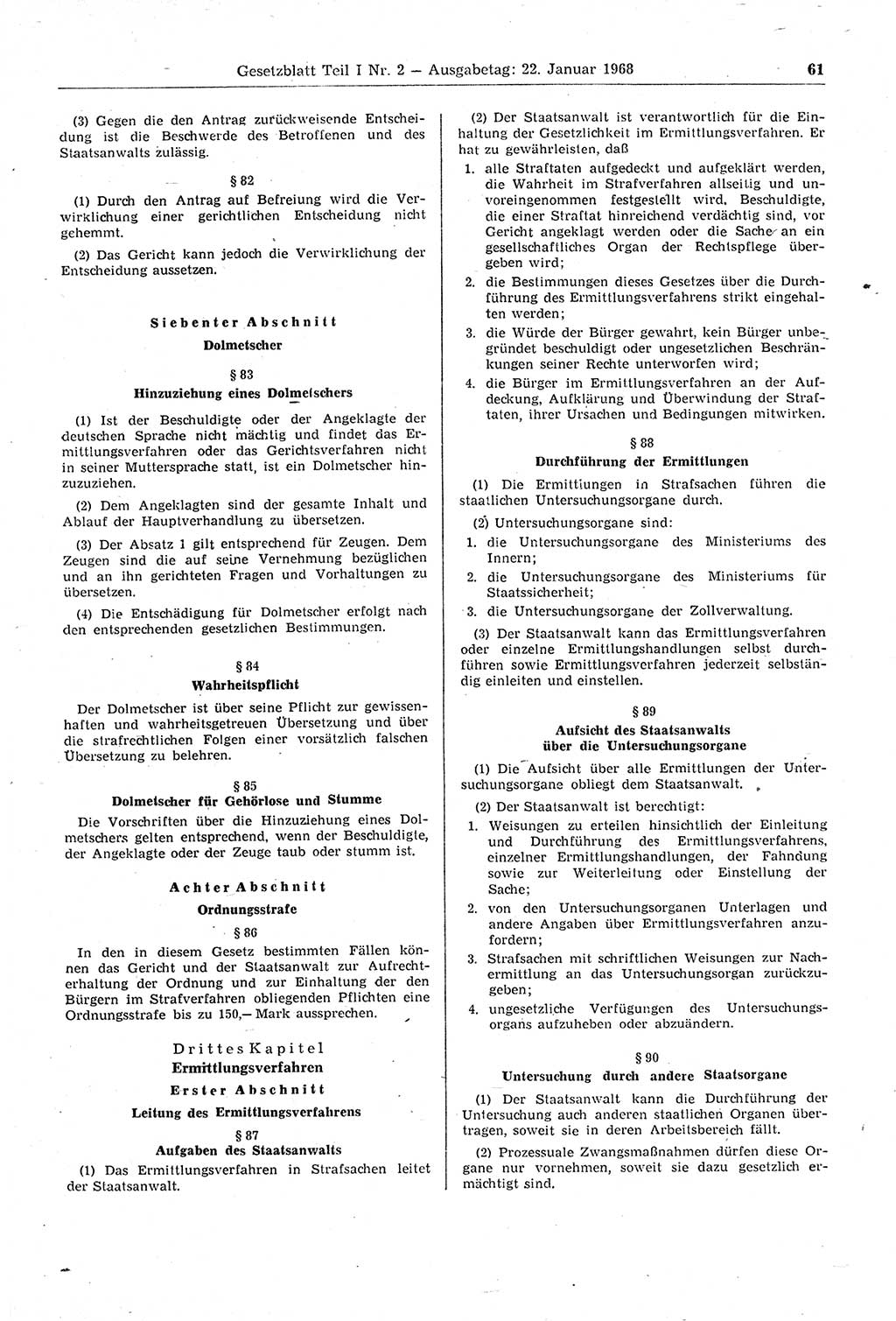Gesetzblatt (GBl.) der Deutschen Demokratischen Republik (DDR) Teil Ⅰ 1968, Seite 61 (GBl. DDR Ⅰ 1968, S. 61)