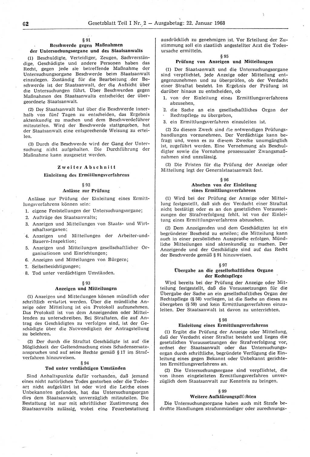 Gesetzblatt (GBl.) der Deutschen Demokratischen Republik (DDR) Teil Ⅰ 1968, Seite 62 (GBl. DDR Ⅰ 1968, S. 62)