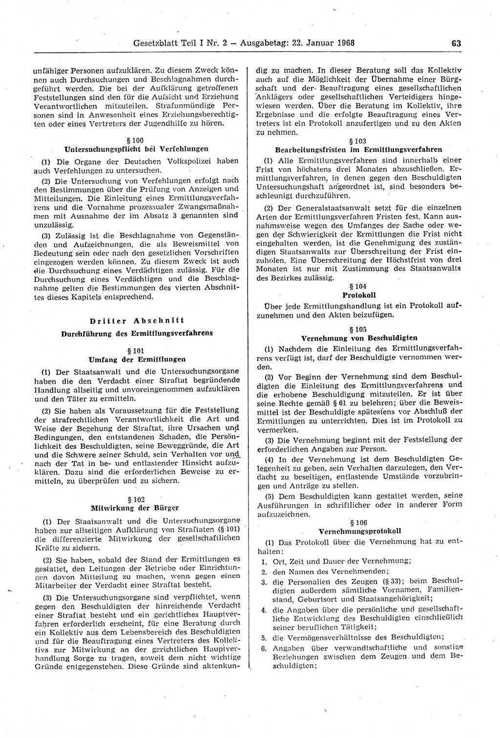 Gesetzblatt (GBl.) der Deutschen Demokratischen Republik (DDR) Teil Ⅰ 1968, Seite 63 (GBl. DDR Ⅰ 1968, S. 63)