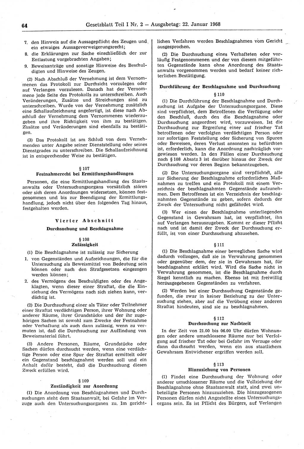 Gesetzblatt (GBl.) der Deutschen Demokratischen Republik (DDR) Teil Ⅰ 1968, Seite 64 (GBl. DDR Ⅰ 1968, S. 64)