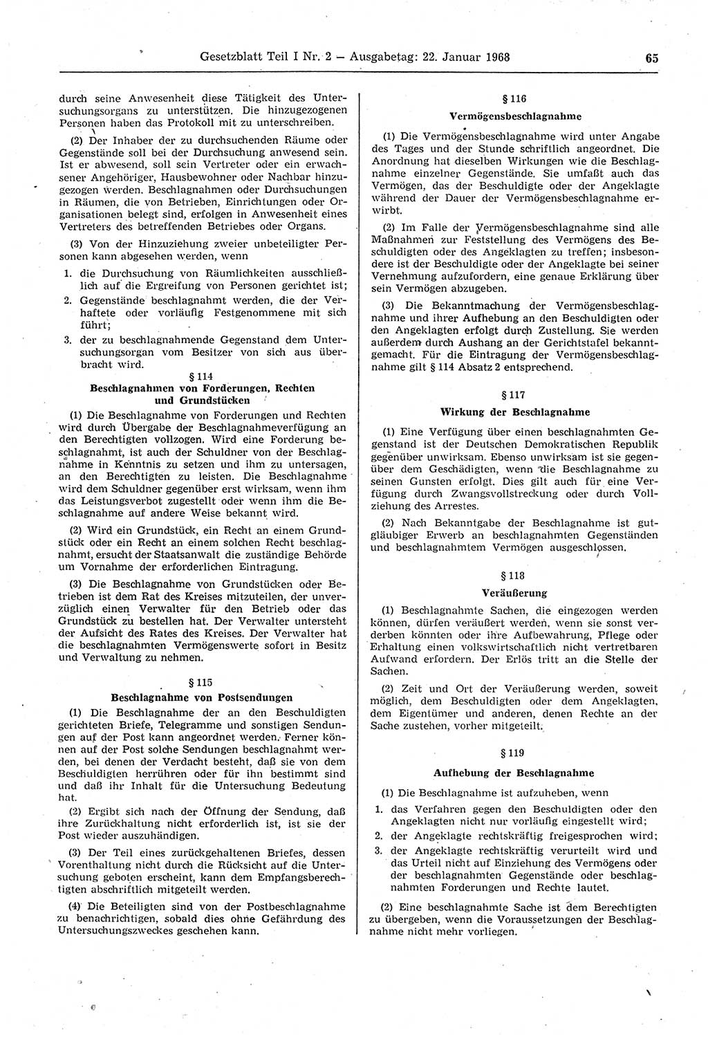 Gesetzblatt (GBl.) der Deutschen Demokratischen Republik (DDR) Teil Ⅰ 1968, Seite 65 (GBl. DDR Ⅰ 1968, S. 65)