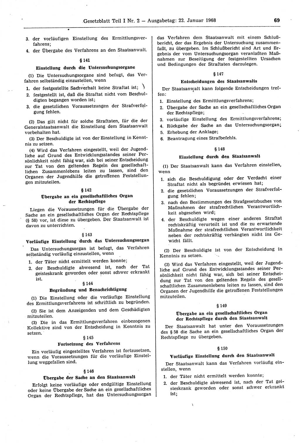 Gesetzblatt (GBl.) der Deutschen Demokratischen Republik (DDR) Teil Ⅰ 1968, Seite 69 (GBl. DDR Ⅰ 1968, S. 69)