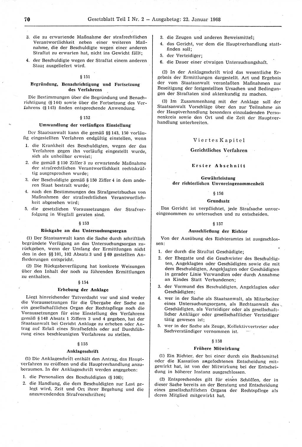 Gesetzblatt (GBl.) der Deutschen Demokratischen Republik (DDR) Teil Ⅰ 1968, Seite 70 (GBl. DDR Ⅰ 1968, S. 70)