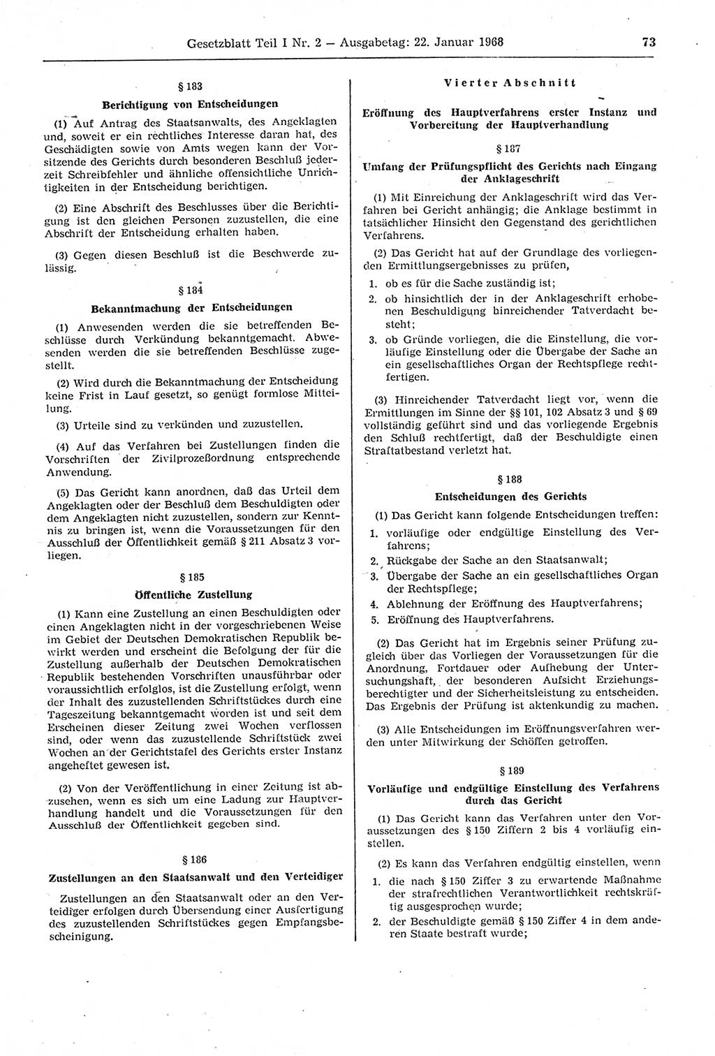 Gesetzblatt (GBl.) der Deutschen Demokratischen Republik (DDR) Teil Ⅰ 1968, Seite 73 (GBl. DDR Ⅰ 1968, S. 73)