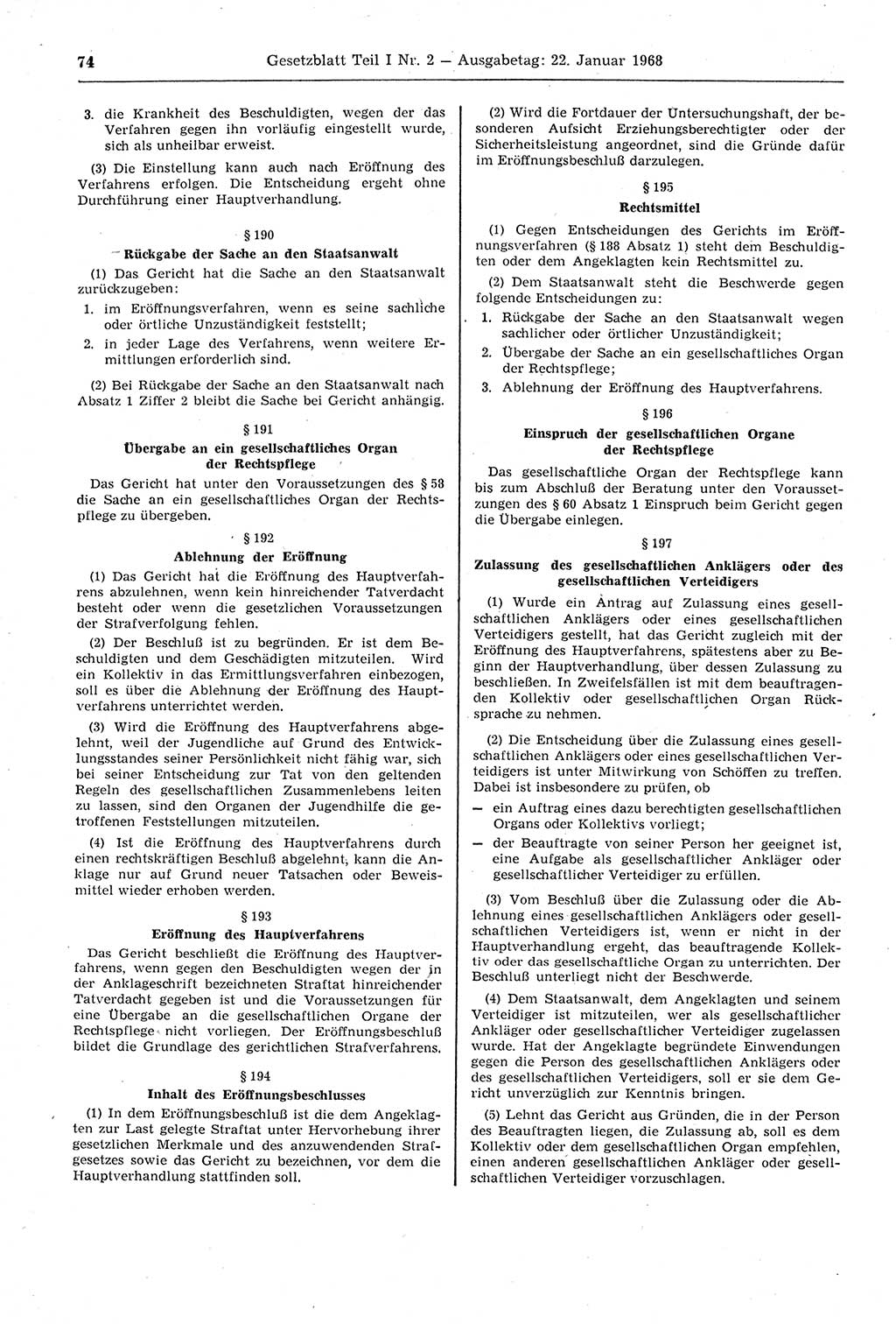 Gesetzblatt (GBl.) der Deutschen Demokratischen Republik (DDR) Teil Ⅰ 1968, Seite 74 (GBl. DDR Ⅰ 1968, S. 74)