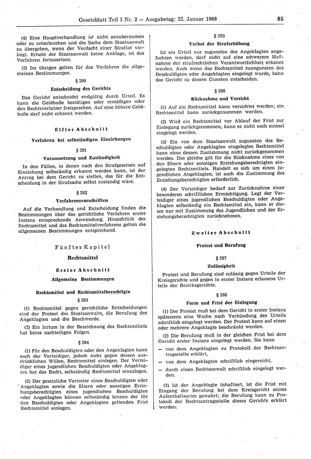Gesetzblatt (GBl.) der Deutschen Demokratischen Republik (DDR) Teil Ⅰ 1968, Seite 85 (GBl. DDR Ⅰ 1968, S. 85)