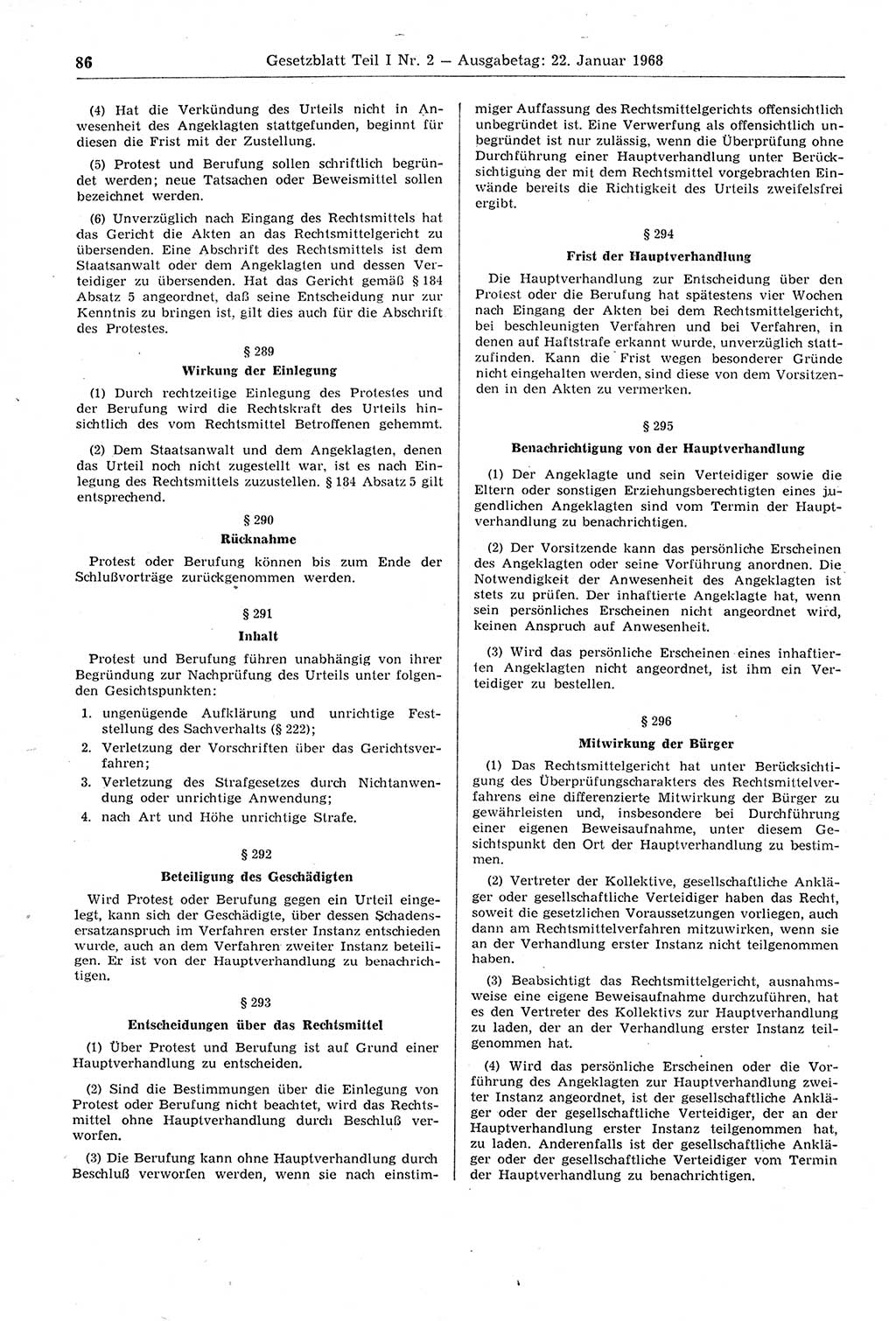 Gesetzblatt (GBl.) der Deutschen Demokratischen Republik (DDR) Teil Ⅰ 1968, Seite 86 (GBl. DDR Ⅰ 1968, S. 86)