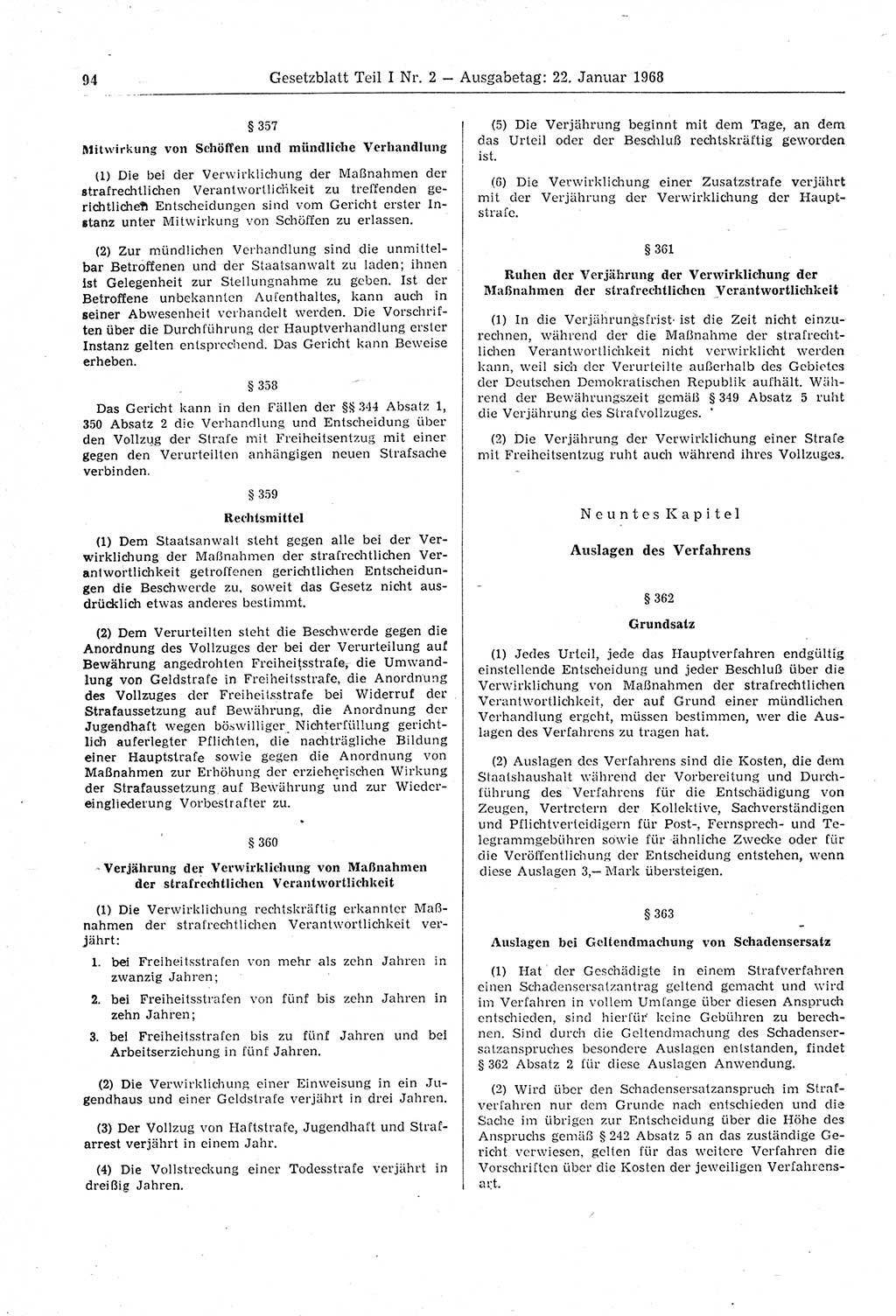 Gesetzblatt (GBl.) der Deutschen Demokratischen Republik (DDR) Teil Ⅰ 1968, Seite 94 (GBl. DDR Ⅰ 1968, S. 94)