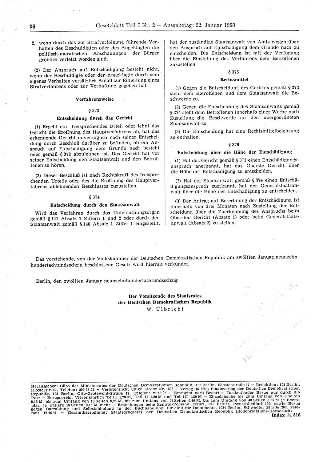 Gesetzblatt (GBl.) der Deutschen Demokratischen Republik (DDR) Teil Ⅰ 1968, Seite 96 (GBl. DDR Ⅰ 1968, S. 96)