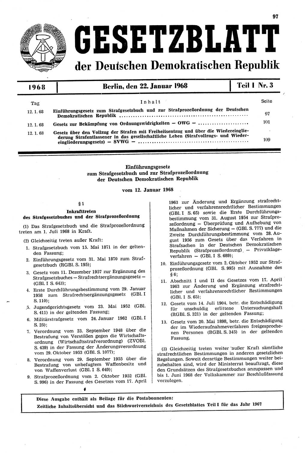 Gesetzblatt (GBl.) der Deutschen Demokratischen Republik (DDR) Teil Ⅰ 1968, Seite 97 (GBl. DDR Ⅰ 1968, S. 97)