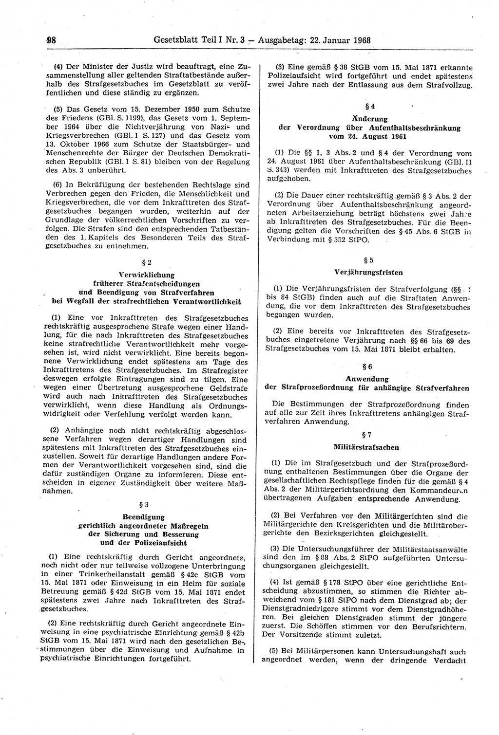 Gesetzblatt (GBl.) der Deutschen Demokratischen Republik (DDR) Teil Ⅰ 1968, Seite 98 (GBl. DDR Ⅰ 1968, S. 98)