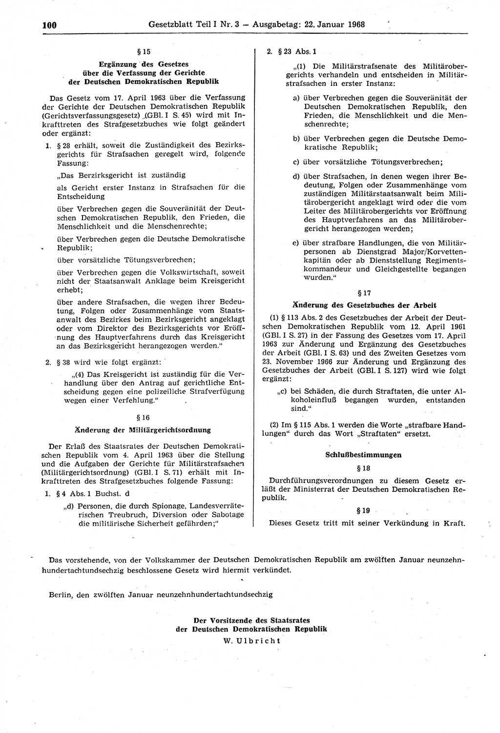 Gesetzblatt (GBl.) der Deutschen Demokratischen Republik (DDR) Teil Ⅰ 1968, Seite 100 (GBl. DDR Ⅰ 1968, S. 100)