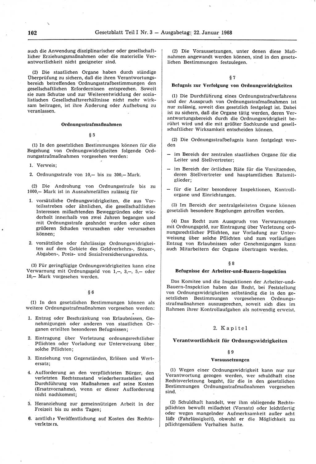 Gesetzblatt (GBl.) der Deutschen Demokratischen Republik (DDR) Teil Ⅰ 1968, Seite 102 (GBl. DDR Ⅰ 1968, S. 102)