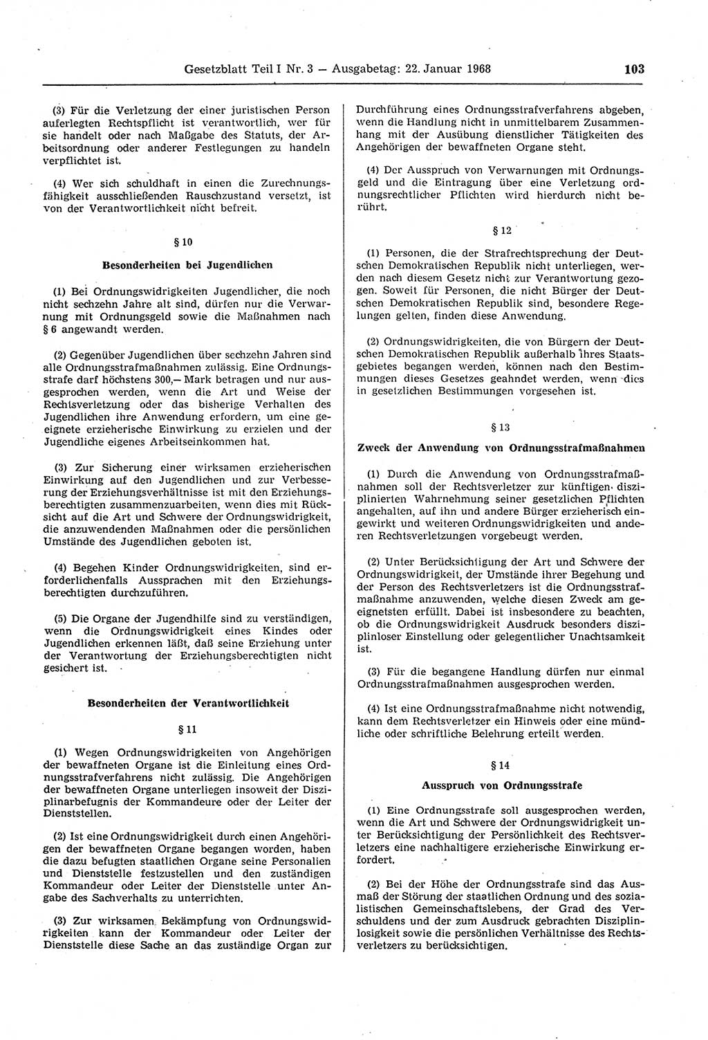 Gesetzblatt (GBl.) der Deutschen Demokratischen Republik (DDR) Teil Ⅰ 1968, Seite 103 (GBl. DDR Ⅰ 1968, S. 103)