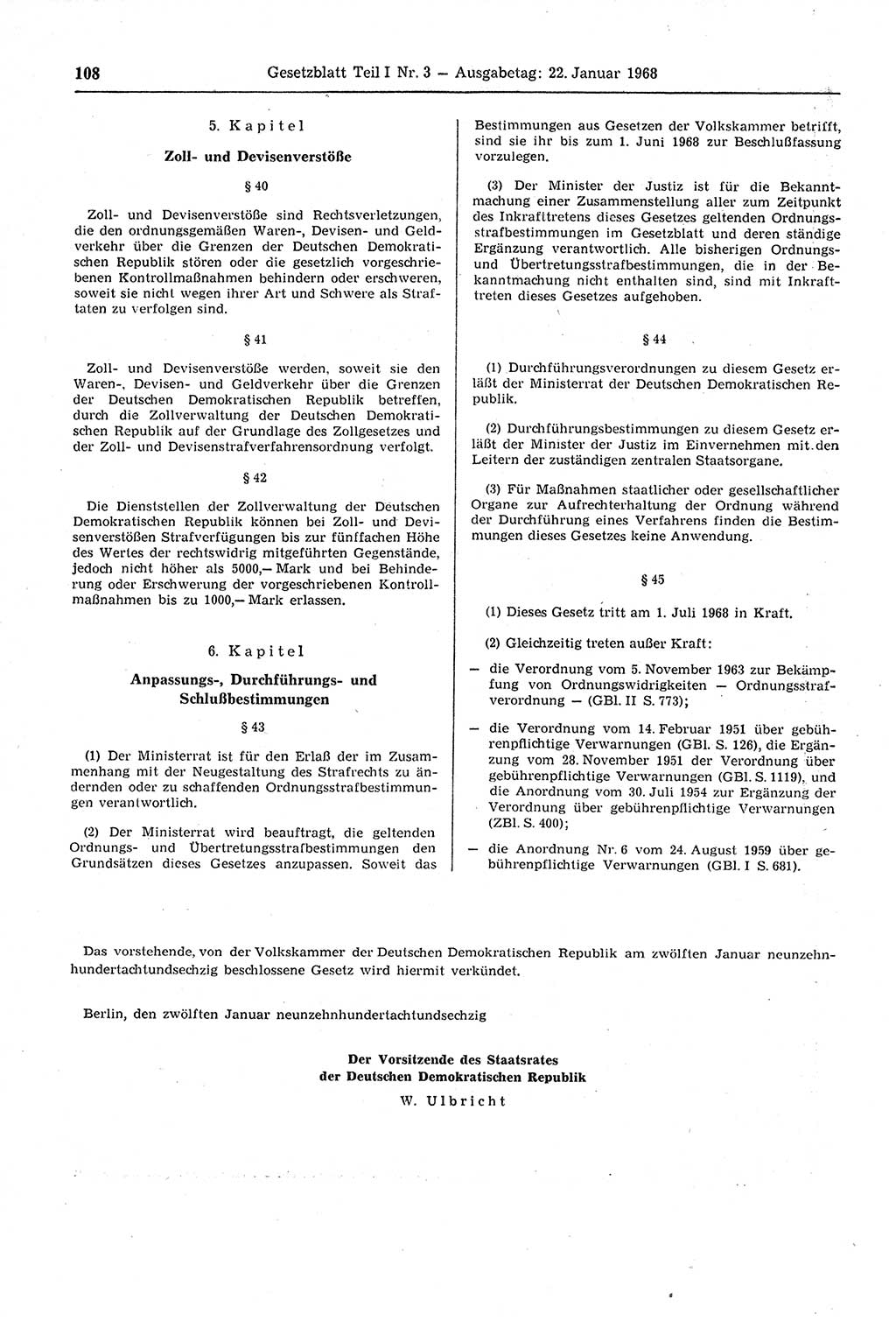 Gesetzblatt (GBl.) der Deutschen Demokratischen Republik (DDR) Teil Ⅰ 1968, Seite 108 (GBl. DDR Ⅰ 1968, S. 108)
