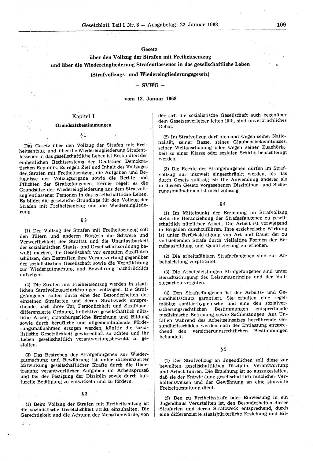 Gesetzblatt (GBl.) der Deutschen Demokratischen Republik (DDR) Teil Ⅰ 1968, Seite 109 (GBl. DDR Ⅰ 1968, S. 109)