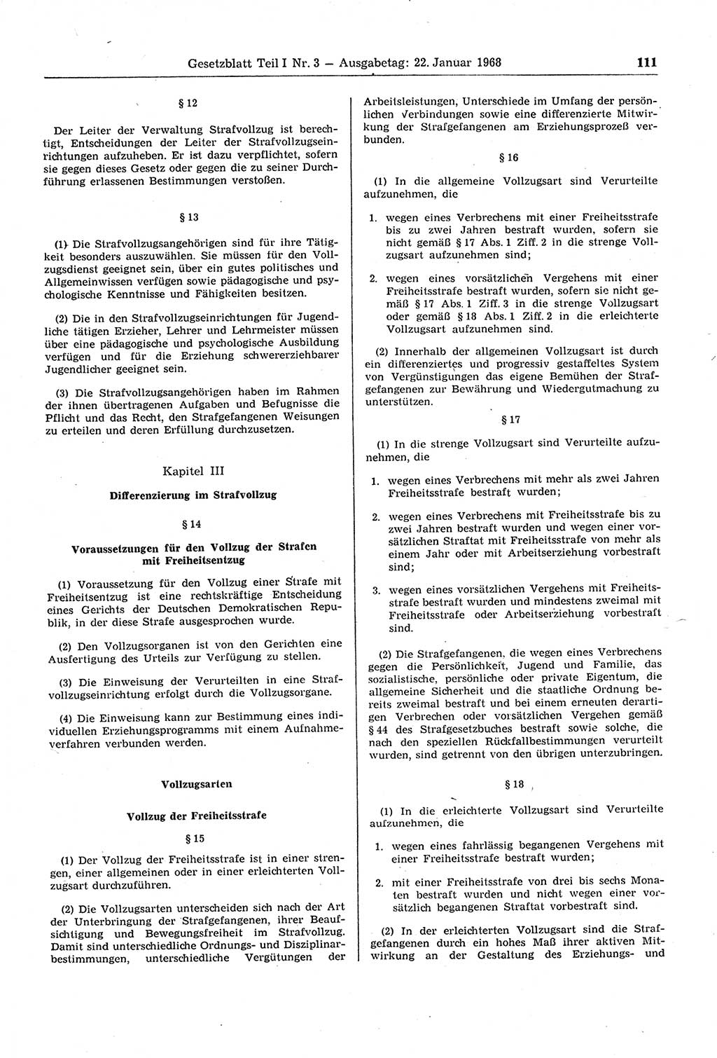 Gesetzblatt (GBl.) der Deutschen Demokratischen Republik (DDR) Teil Ⅰ 1968, Seite 111 (GBl. DDR Ⅰ 1968, S. 111)