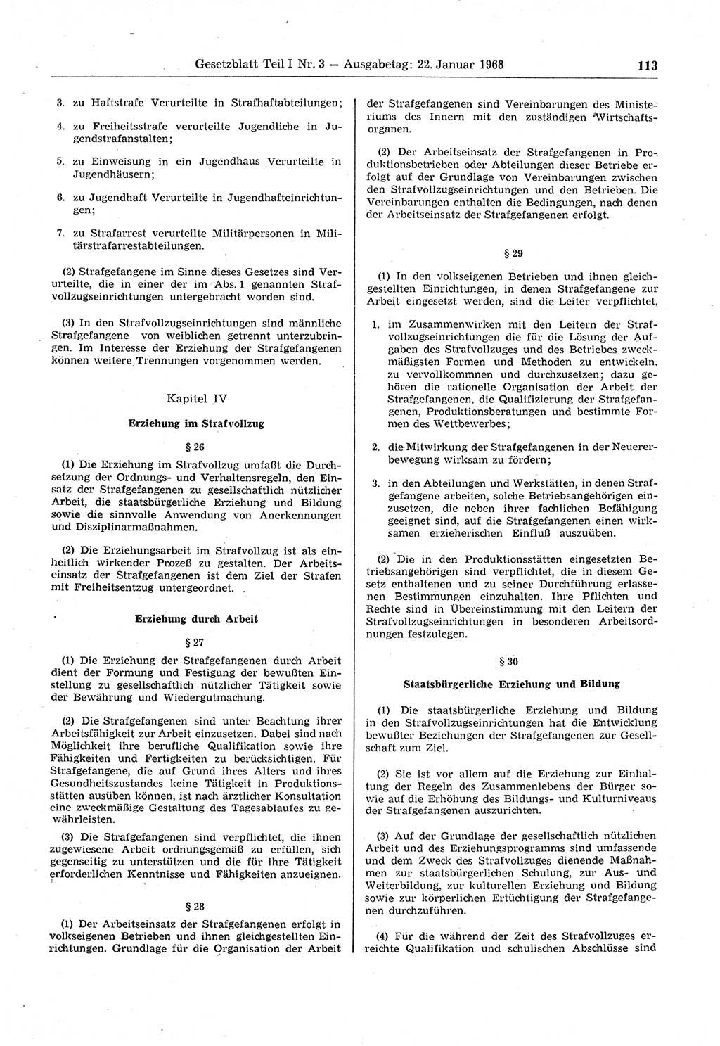 Gesetzblatt (GBl.) der Deutschen Demokratischen Republik (DDR) Teil Ⅰ 1968, Seite 113 (GBl. DDR Ⅰ 1968, S. 113)