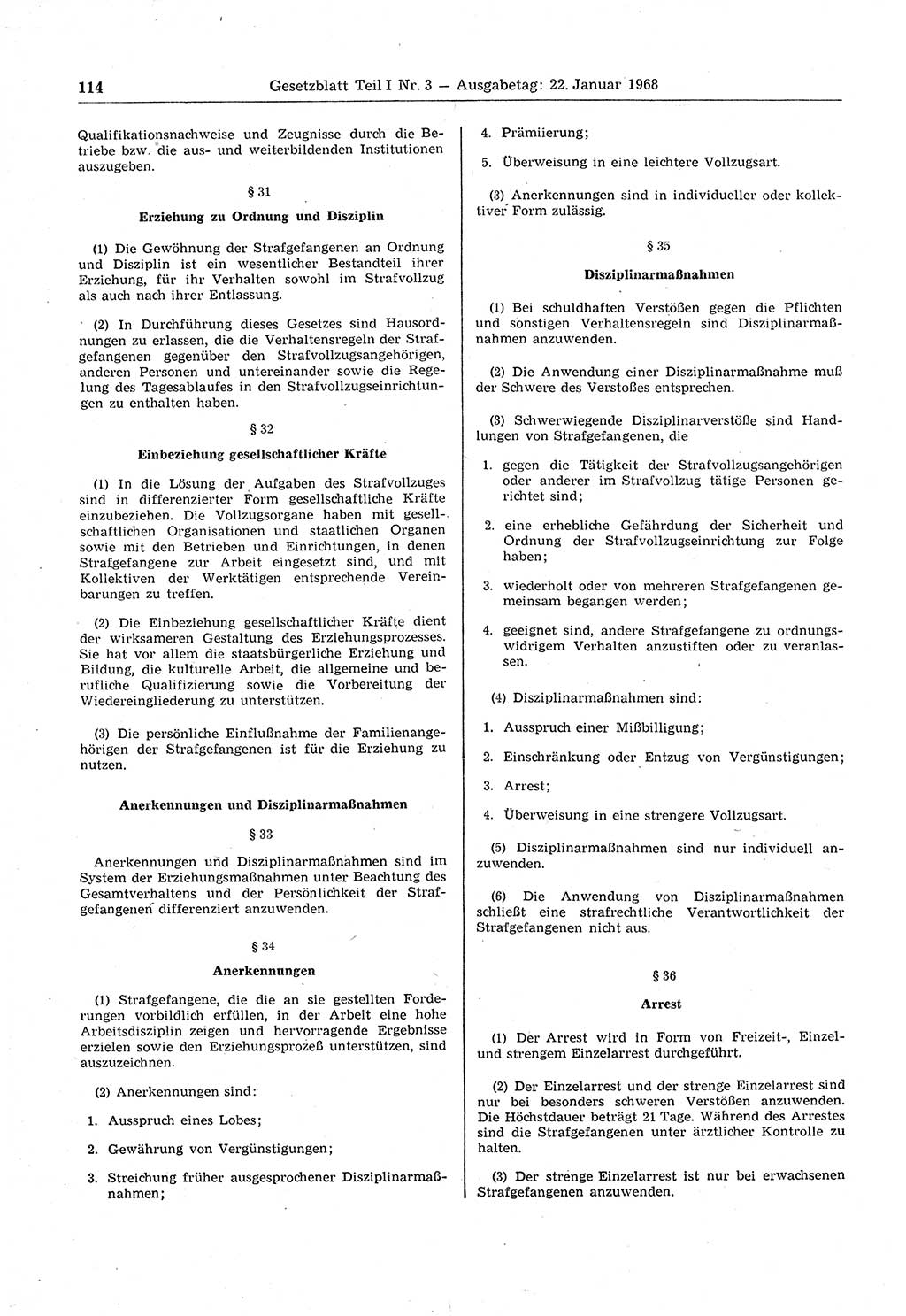 Gesetzblatt (GBl.) der Deutschen Demokratischen Republik (DDR) Teil Ⅰ 1968, Seite 114 (GBl. DDR Ⅰ 1968, S. 114)