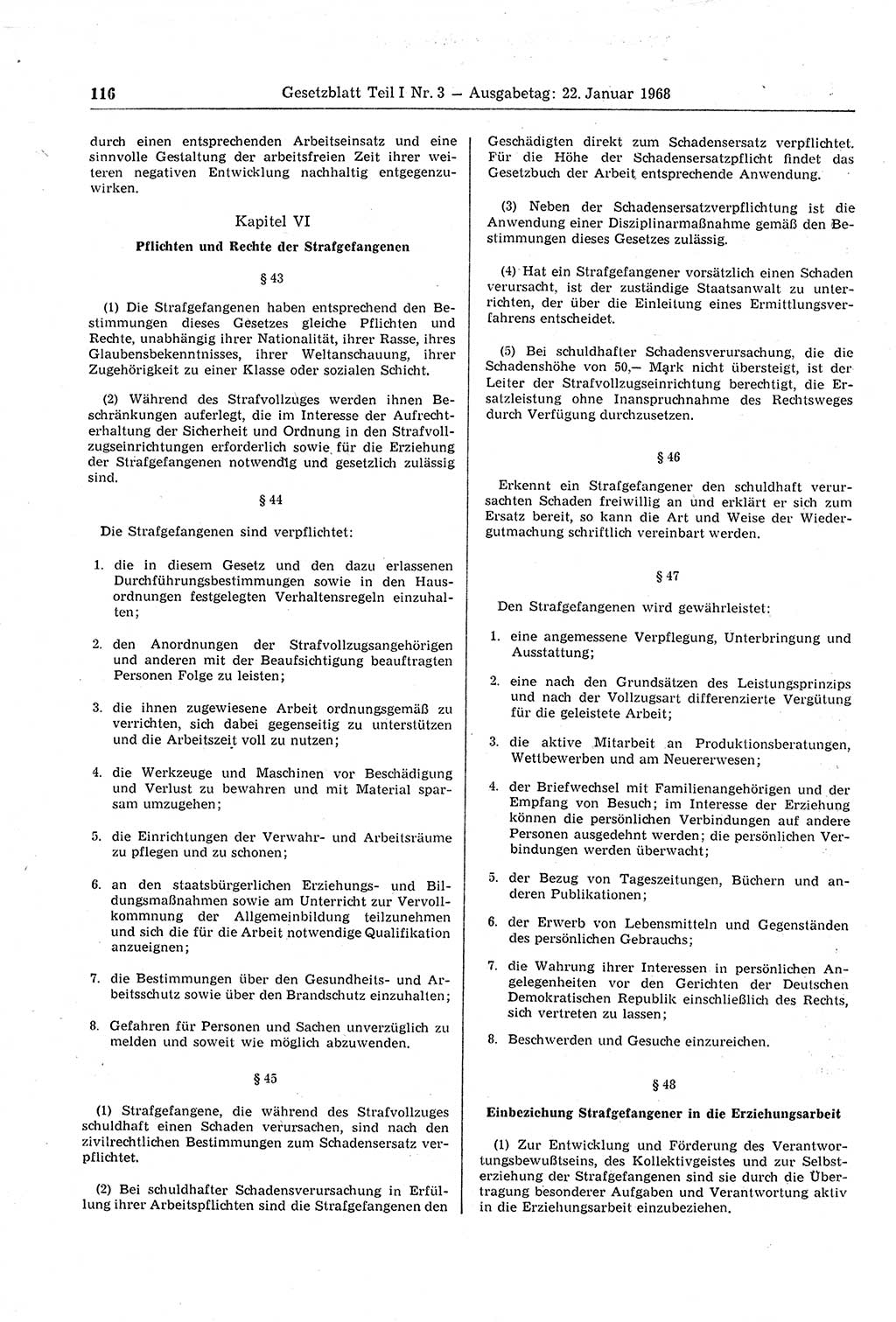 Gesetzblatt (GBl.) der Deutschen Demokratischen Republik (DDR) Teil Ⅰ 1968, Seite 116 (GBl. DDR Ⅰ 1968, S. 116)
