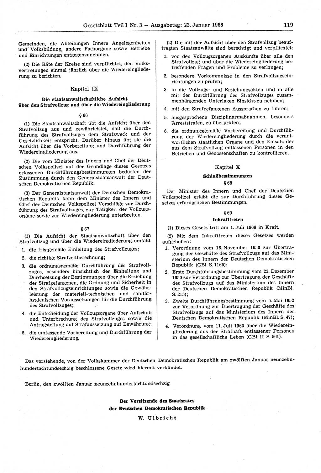 Gesetzblatt (GBl.) der Deutschen Demokratischen Republik (DDR) Teil Ⅰ 1968, Seite 119 (GBl. DDR Ⅰ 1968, S. 119)