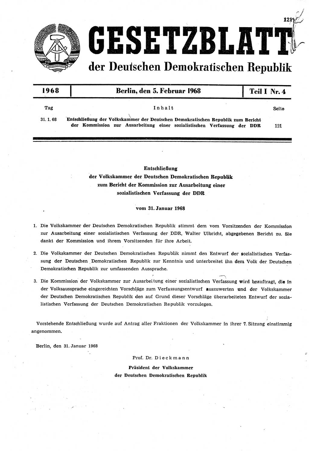 Gesetzblatt (GBl.) der Deutschen Demokratischen Republik (DDR) Teil Ⅰ 1968, Seite 121 (GBl. DDR Ⅰ 1968, S. 121)