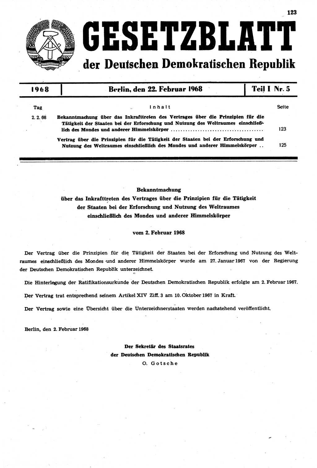Gesetzblatt (GBl.) der Deutschen Demokratischen Republik (DDR) Teil Ⅰ 1968, Seite 123 (GBl. DDR Ⅰ 1968, S. 123)