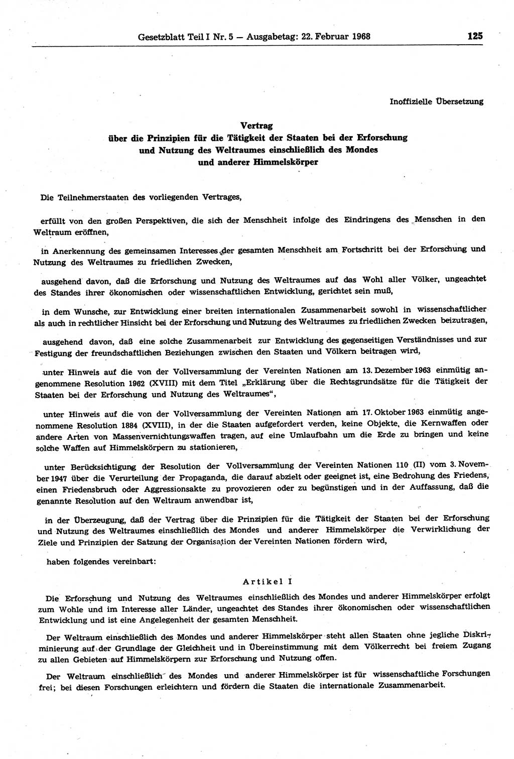 Gesetzblatt (GBl.) der Deutschen Demokratischen Republik (DDR) Teil Ⅰ 1968, Seite 125 (GBl. DDR Ⅰ 1968, S. 125)