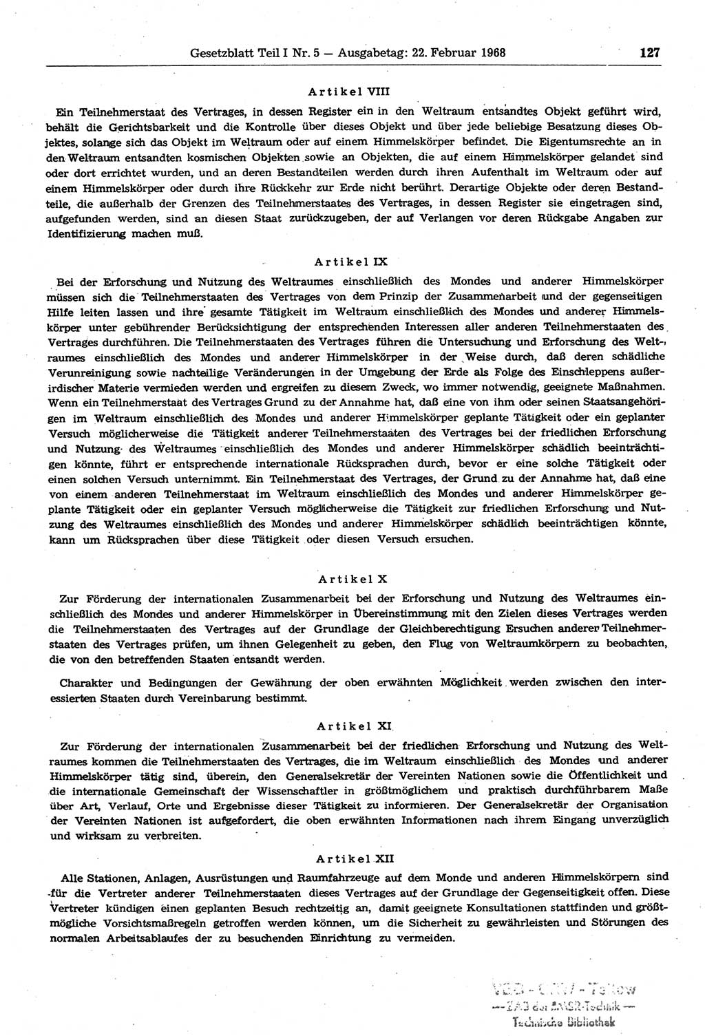 Gesetzblatt (GBl.) der Deutschen Demokratischen Republik (DDR) Teil Ⅰ 1968, Seite 127 (GBl. DDR Ⅰ 1968, S. 127)