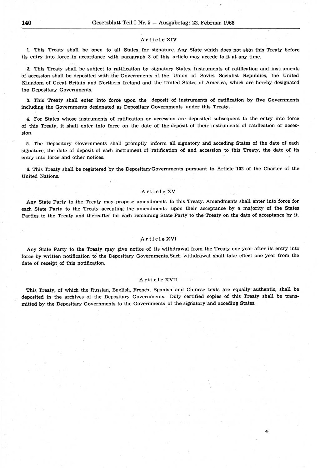 Gesetzblatt (GBl.) der Deutschen Demokratischen Republik (DDR) Teil Ⅰ 1968, Seite 140 (GBl. DDR Ⅰ 1968, S. 140)