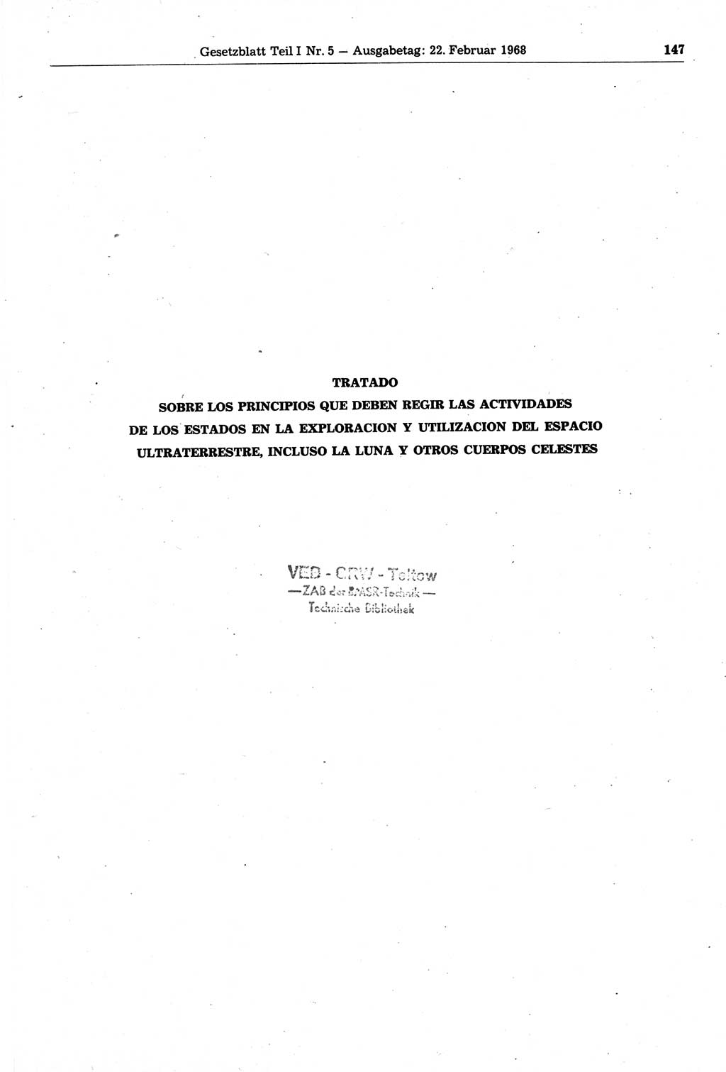 Gesetzblatt (GBl.) der Deutschen Demokratischen Republik (DDR) Teil Ⅰ 1968, Seite 147 (GBl. DDR Ⅰ 1968, S. 147)