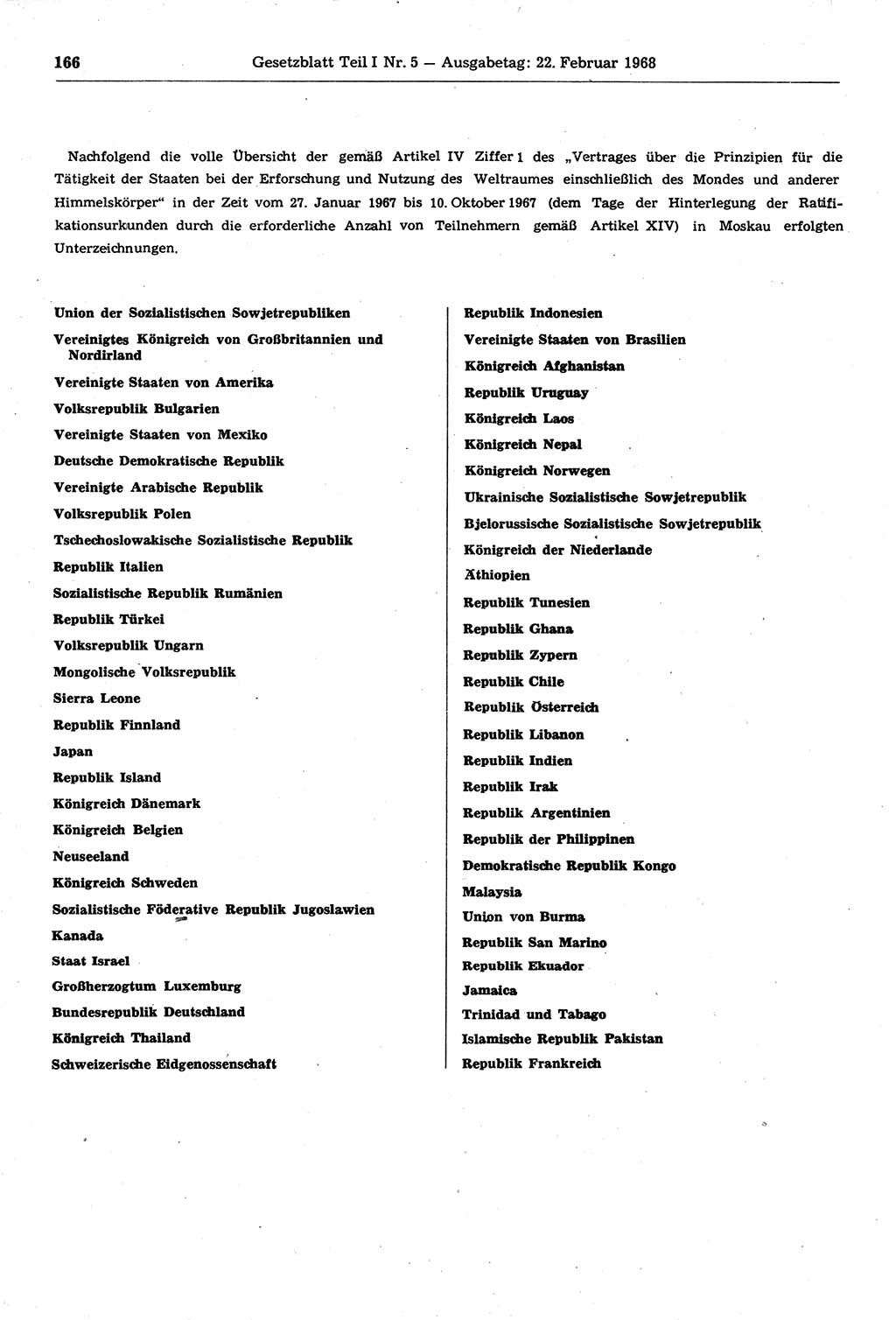 Gesetzblatt (GBl.) der Deutschen Demokratischen Republik (DDR) Teil Ⅰ 1968, Seite 166 (GBl. DDR Ⅰ 1968, S. 166)