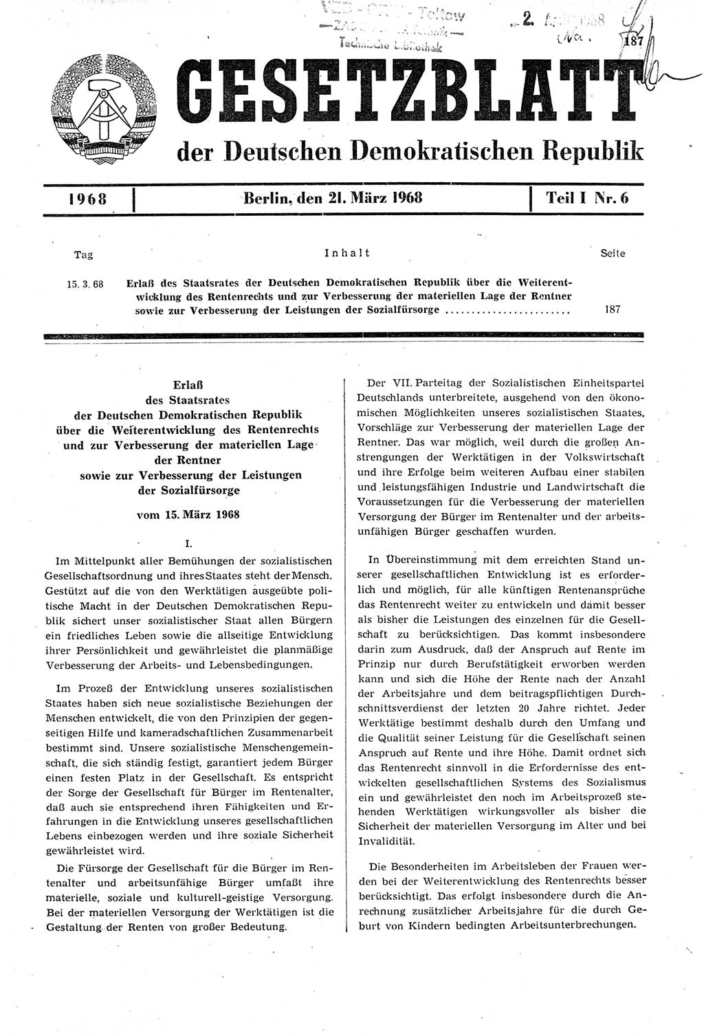 Gesetzblatt (GBl.) der Deutschen Demokratischen Republik (DDR) Teil Ⅰ 1968, Seite 187 (GBl. DDR Ⅰ 1968, S. 187)