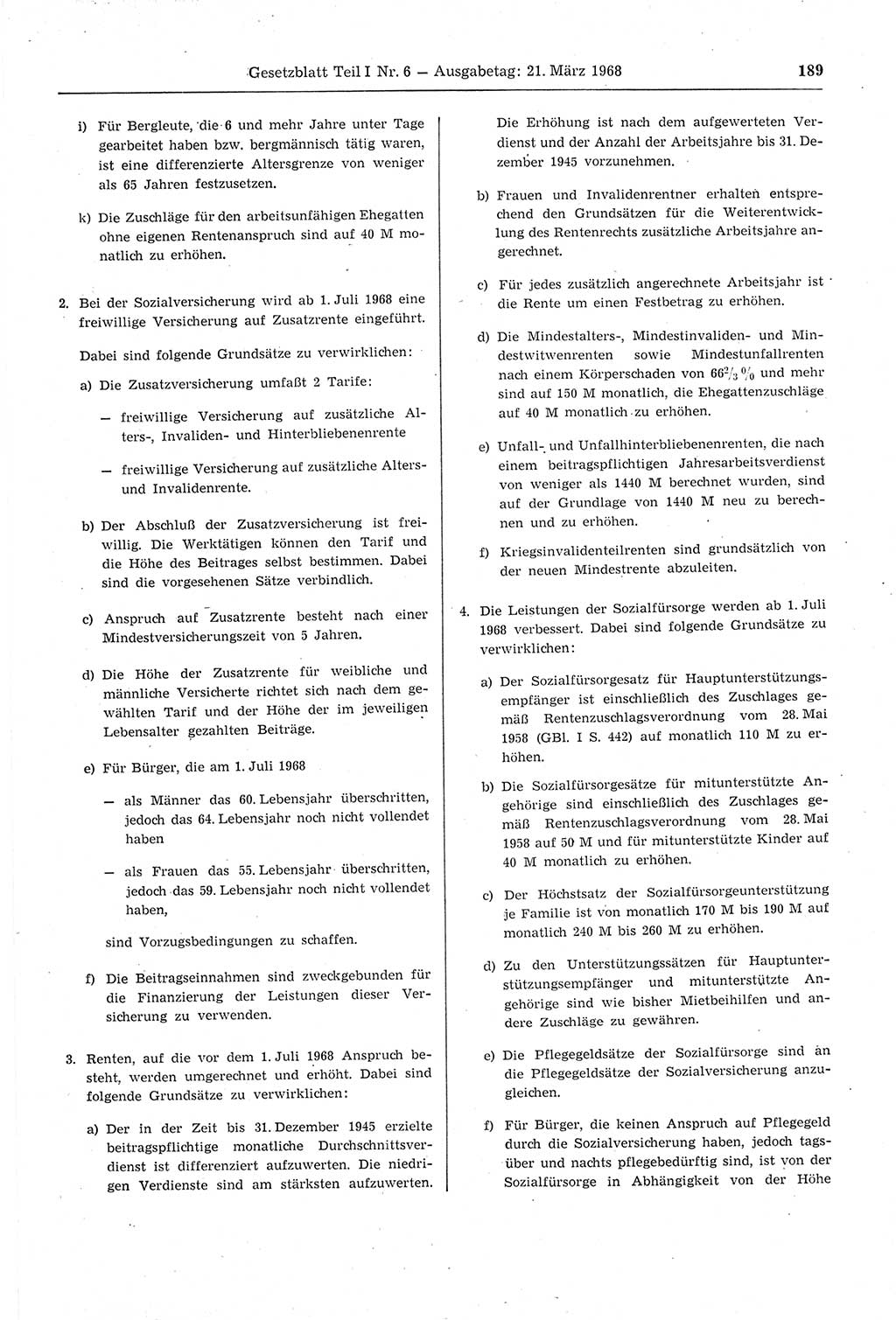 Gesetzblatt (GBl.) der Deutschen Demokratischen Republik (DDR) Teil Ⅰ 1968, Seite 189 (GBl. DDR Ⅰ 1968, S. 189)