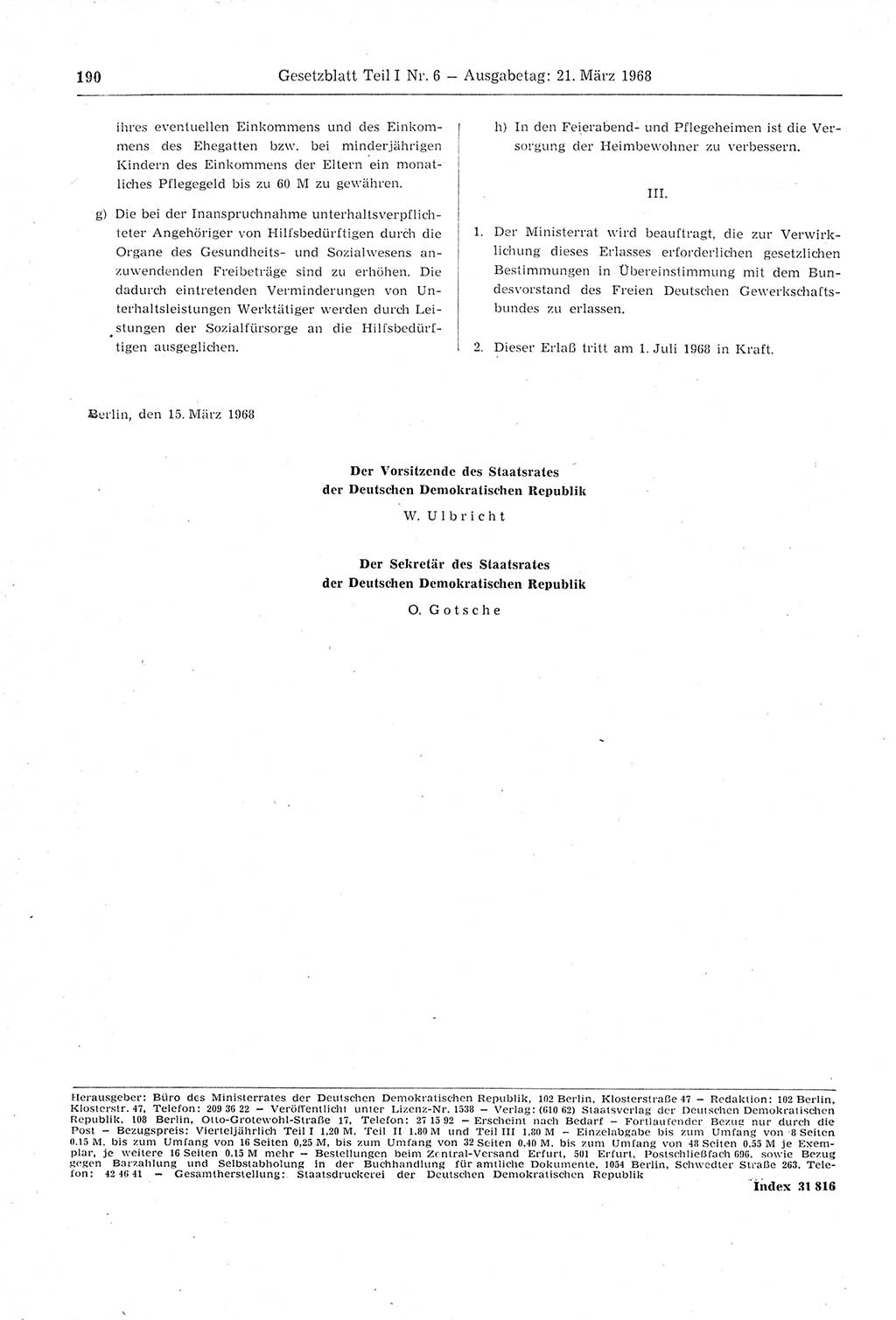 Gesetzblatt (GBl.) der Deutschen Demokratischen Republik (DDR) Teil Ⅰ 1968, Seite 190 (GBl. DDR Ⅰ 1968, S. 190)