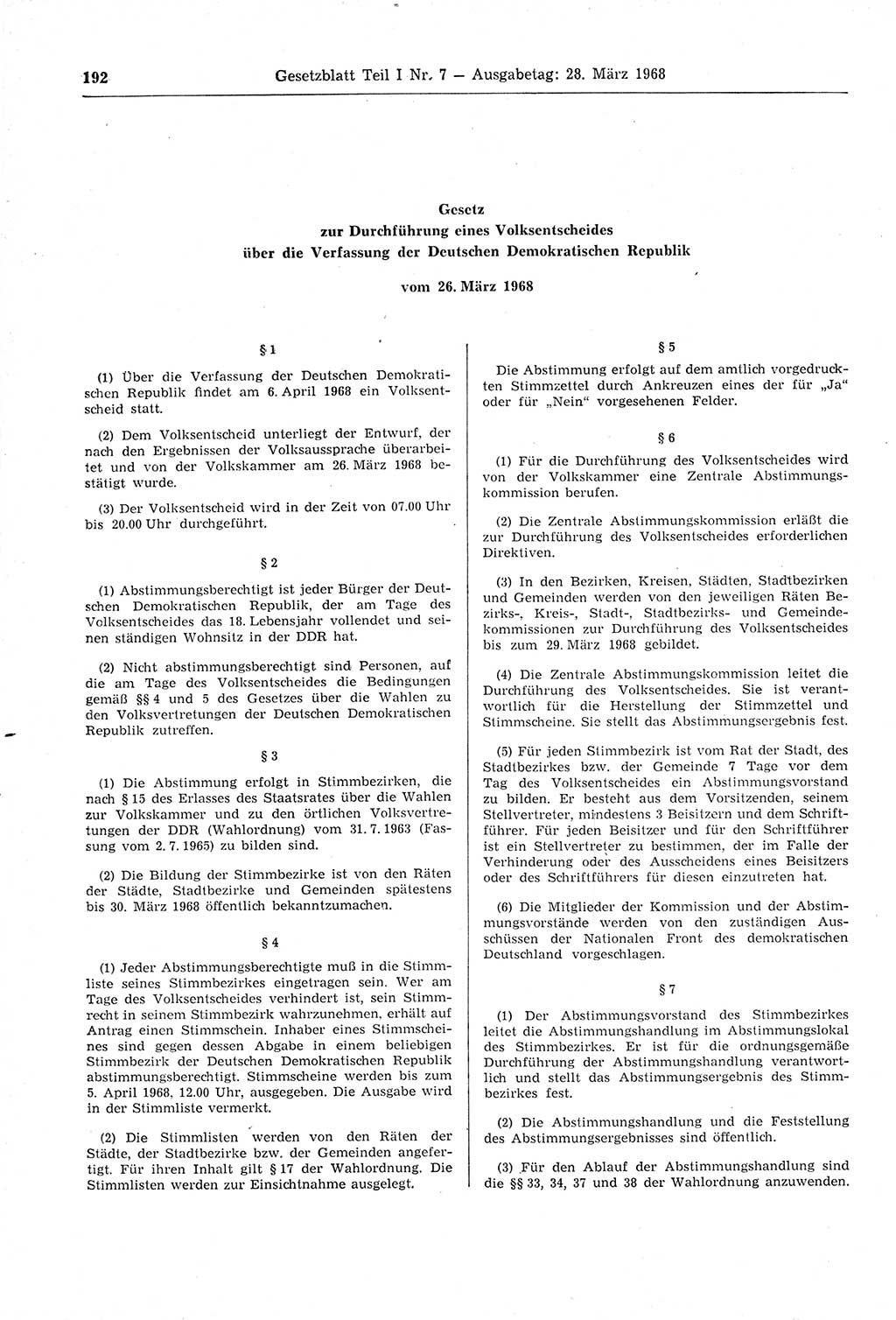 Gesetzblatt (GBl.) der Deutschen Demokratischen Republik (DDR) Teil Ⅰ 1968, Seite 192 (GBl. DDR Ⅰ 1968, S. 192)